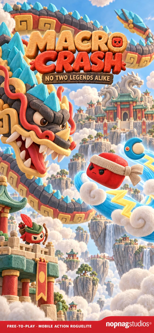 Macro Crash's clay dragon, Bobu, and archer above a mountain temple.