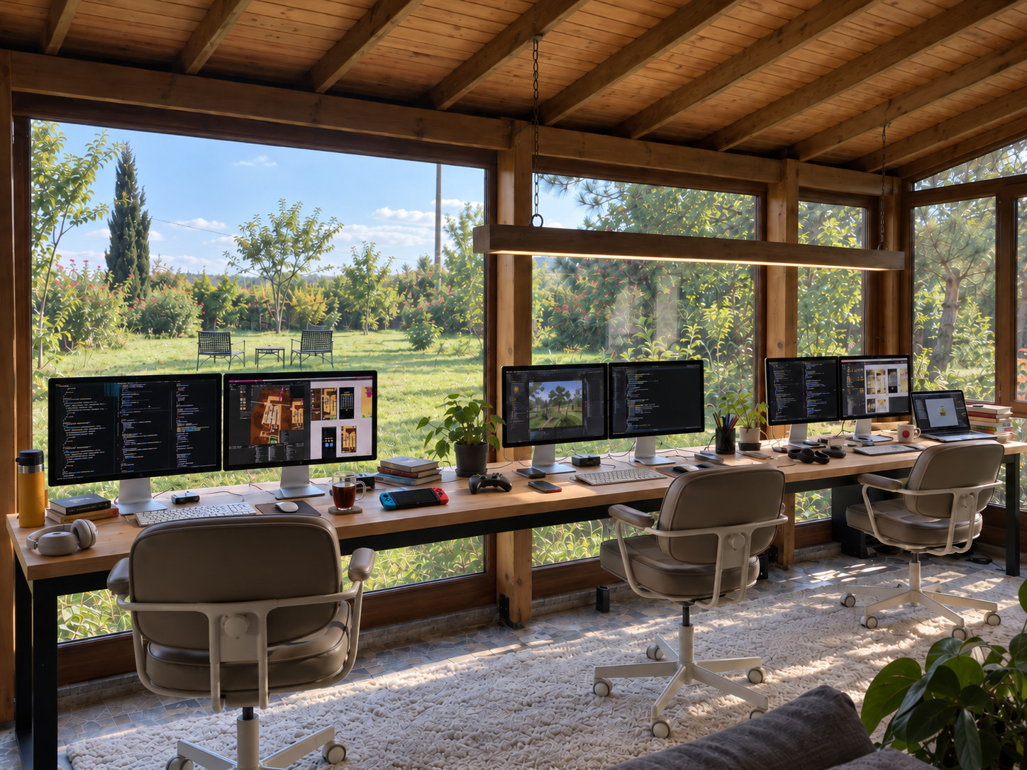 A sunlit studio with wooden beams, game development workstations, and floor-to-ceiling windows overlooking a garden.